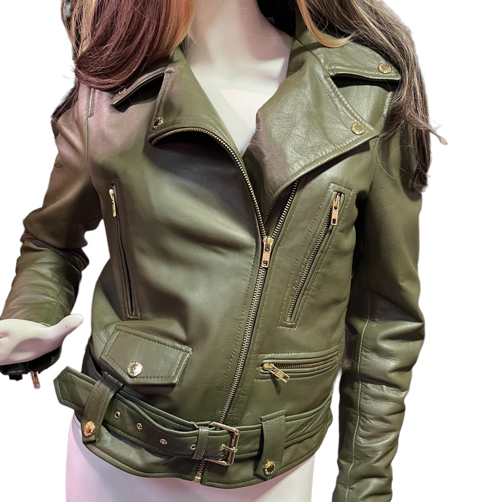 EACH X OTHER PARIS  LEATHER BELTED BIKER JACKET KHAKI GREEN UNISEX SIZE S